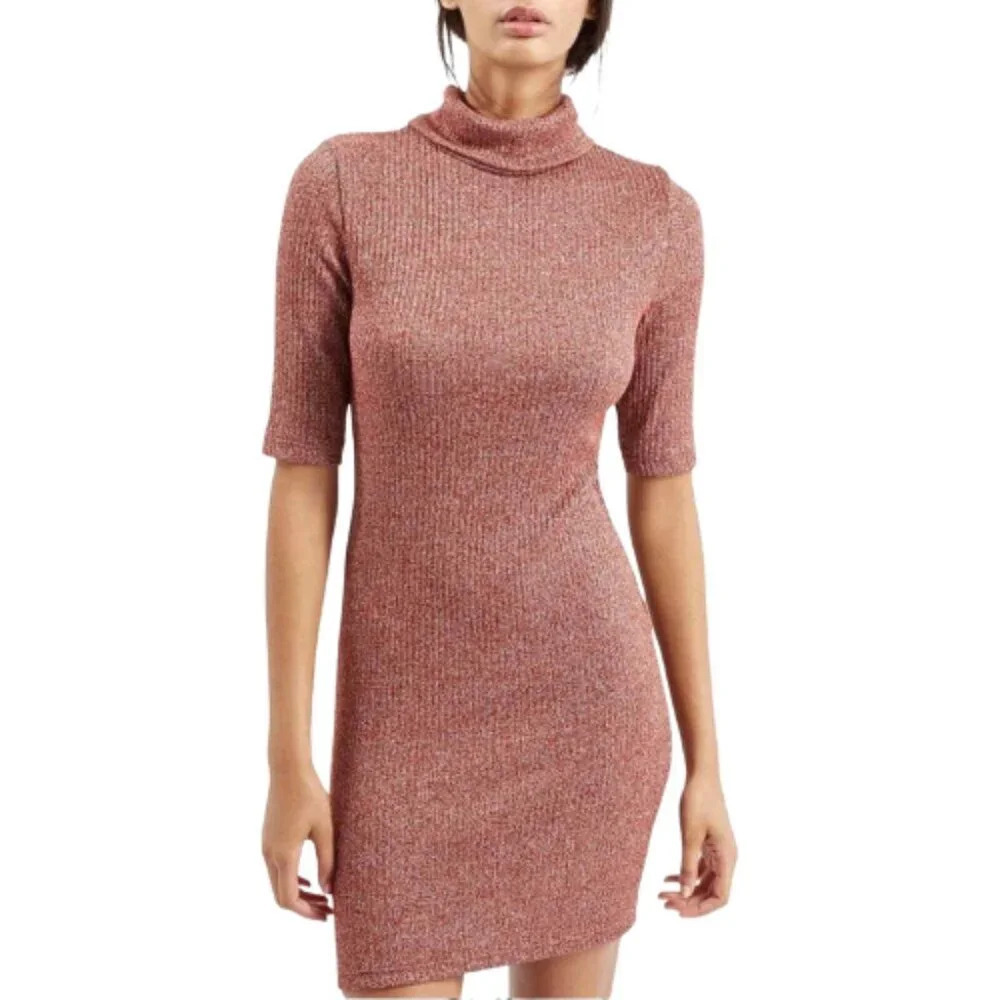 Topshop Womens 12 Turtleneck Marble Knit Ribbed Bodycon Dress